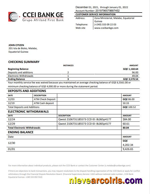 Equatorial Guinea CCEI Bank statement, Word and PDF format